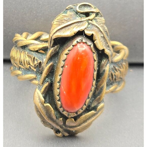 VTG Southwestern Brass & Red Coral Ring Size 8 Leaf Motif Etched Rope Band - Picture 12 of 12